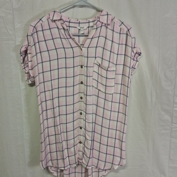 SONOMA Plaid Button Down Shirt Pink Blue Boxy Soft Short Sleeve Relaxed Size S - Picture 1 of 6